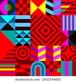 Retro futuristic vector pattern with geometric shapes. Simple form and a figure. Colorful Bauhaus background. Vintage graphics from 1980. 70s, 80s, 90s stile. Abstract design in the Scandinavian style