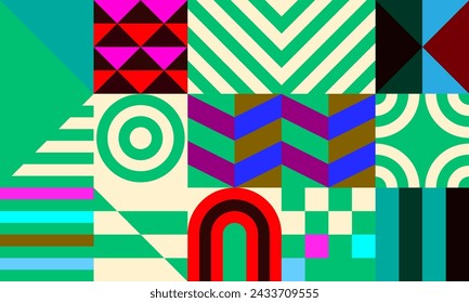 Retro futuristic vector pattern with geometric shapes. Simple form and a figure. Colorful Bauhaus background. Vintage graphics from 1980. 70s, 80s, 90s stile. Abstract design in the Scandinavian style