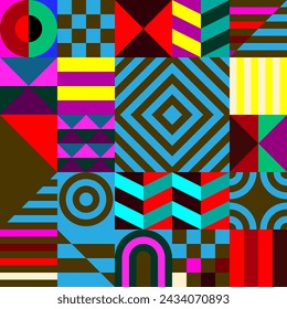 Retro futuristic vector pattern with geometric shapes. Simple form and a figure. Colorful Bauhaus background. Vintage graphics from 1980. 70s, 80s, 90s stile. Abstract design in the Scandinavian style