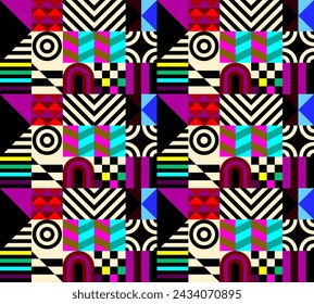 Retro futuristic vector pattern with geometric shapes. Simple form and a figure. Colorful Bauhaus background. Vintage graphics from 1980. 70s, 80s, 90s stile. Abstract design in the Scandinavian style
