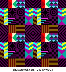 Retro futuristic vector pattern with geometric shapes. Simple form and a figure. Colorful Bauhaus background. Vintage graphics from 1980. 70s, 80s, 90s stile. Abstract design in the Scandinavian style