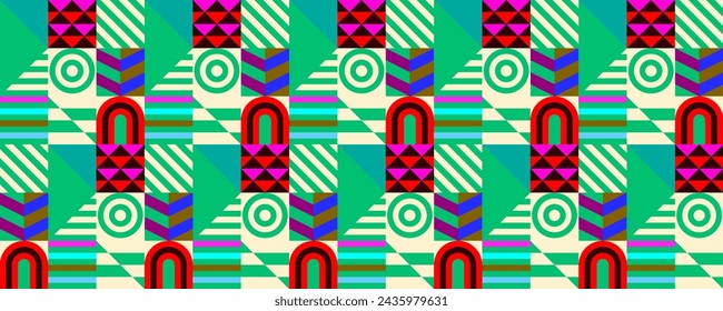 Retro futuristic vector pattern with geometric shapes. Simple form and a figure. Colorful Bauhaus background. Vintage graphics from 1980. 70s, 80s, 90s stile. Abstract design in the Scandinavian style