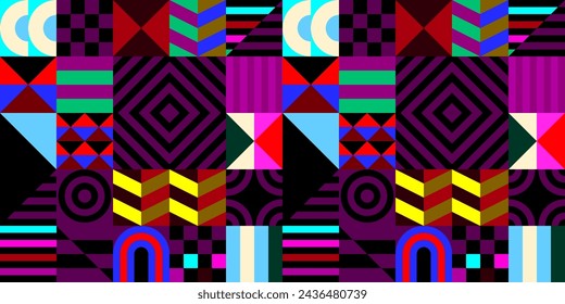 Retro futuristic vector pattern with geometric shapes. Simple form and a figure. Colorful Bauhaus background. Vintage graphics from 1980. 70s, 80s, 90s stile. Abstract design in the Scandinavian style