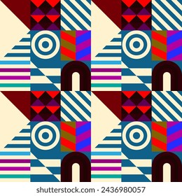 Retro futuristic vector pattern with geometric shapes. Simple form and a figure. Colorful Bauhaus background. Vintage graphics from 1980. 70s, 80s, 90s stile. Abstract design in the Scandinavian style