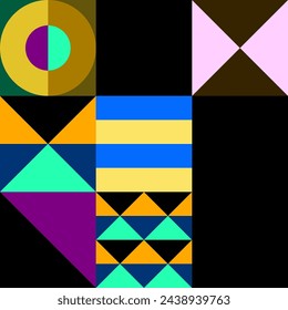 Retro futuristic vector pattern with geometric shapes. Simple form and a figure. Colorful Bauhaus background. Vintage graphics from 1980. 70s, 80s, 90s stile. Abstract design in the Scandinavian style