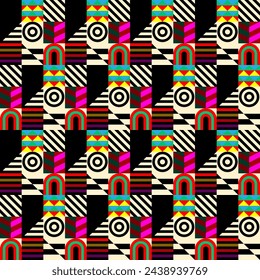 Retro futuristic vector pattern with geometric shapes. Simple form and a figure. Colorful Bauhaus background. Vintage graphics from 1980. 70s, 80s, 90s stile. Abstract design in the Scandinavian style