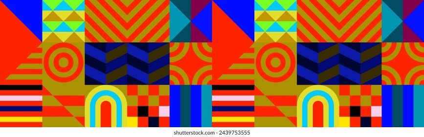 Retro futuristic vector pattern with geometric shapes. Simple form and a figure. Colorful Bauhaus background. Vintage graphics from 1980. 70s, 80s, 90s stile. Abstract design in the Scandinavian style