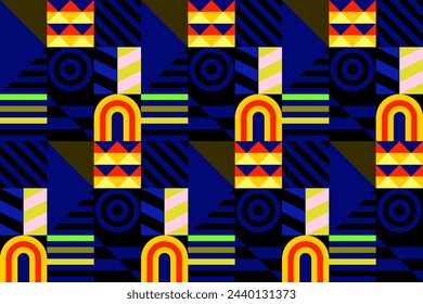 Retro futuristic vector pattern with geometric shapes. Simple form and a figure. Colorful Bauhaus background. Vintage graphics from 1980. 70s, 80s, 90s stile. Abstract design in the Scandinavian style
