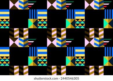Retro futuristic vector pattern with geometric shapes. Simple form and a figure. Colorful Bauhaus background. Vintage graphics from 1980. 70s, 80s, 90s stile. Abstract design in the Scandinavian style