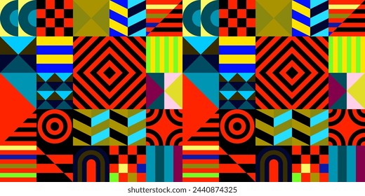 Retro futuristic vector pattern with geometric shapes. Simple form and a figure. Colorful Bauhaus background. Vintage graphics from 1980. 70s, 80s, 90s stile. Abstract design in the Scandinavian style