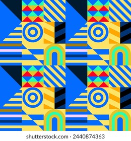 Retro futuristic vector pattern with geometric shapes. Simple form and a figure. Colorful Bauhaus background. Vintage graphics from 1980. 70s, 80s, 90s stile. Abstract design in the Scandinavian style