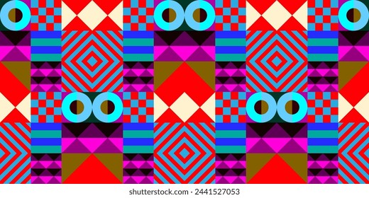 Retro futuristic vector pattern with geometric shapes. Simple form and a figure. Colorful Bauhaus background. Vintage graphics from 1980. 70s, 80s, 90s stile. Abstract design in the Scandinavian style