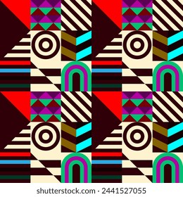 Retro futuristic vector pattern with geometric shapes. Simple form and a figure. Colorful Bauhaus background. Vintage graphics from 1980. 70s, 80s, 90s stile. Abstract design in the Scandinavian style