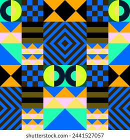 Retro futuristic vector pattern with geometric shapes. Simple form and a figure. Colorful Bauhaus background. Vintage graphics from 1980. 70s, 80s, 90s stile. Abstract design in the Scandinavian style