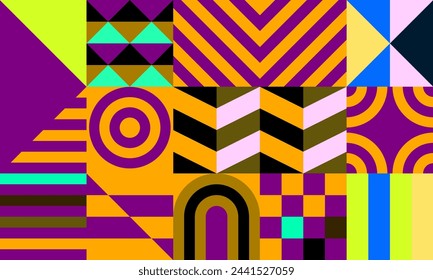 Retro futuristic vector pattern with geometric shapes. Simple form and a figure. Colorful Bauhaus background. Vintage graphics from 1980. 70s, 80s, 90s stile. Abstract design in the Scandinavian style