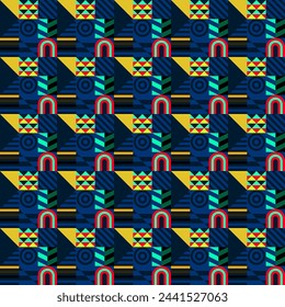 Retro futuristic vector pattern with geometric shapes. Simple form and a figure. Colorful Bauhaus background. Vintage graphics from 1980. 70s, 80s, 90s stile. Abstract design in the Scandinavian style