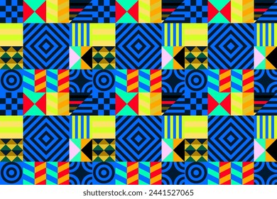 Retro futuristic vector pattern with geometric shapes. Simple form and a figure. Colorful Bauhaus background. Vintage graphics from 1980. 70s, 80s, 90s stile. Abstract design in the Scandinavian style