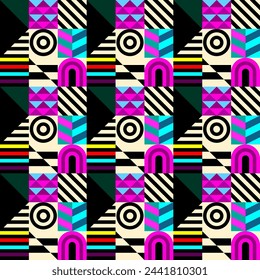 Retro futuristic vector pattern with geometric shapes. Simple form and a figure. Colorful Bauhaus background. Vintage graphics from 1980. 70s, 80s, 90s stile. Abstract design in the Scandinavian style