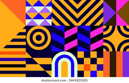 Retro futuristic vector pattern with geometric shapes. Simple form and a figure. Colorful Bauhaus background. Vintage graphics from 1980. 70s, 80s, 90s stile. Abstract design in the Scandinavian style