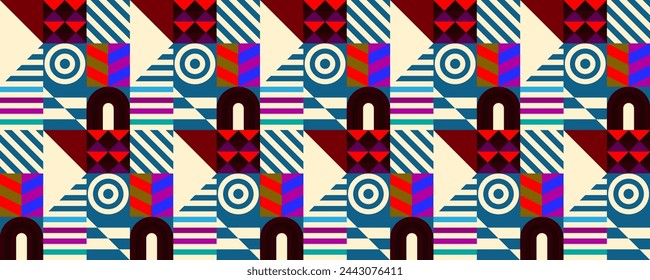 Retro futuristic vector pattern with geometric shapes. Simple form and a figure. Colorful Bauhaus background. Vintage graphics from 1980. 70s, 80s, 90s stile. Abstract design in the Scandinavian style
