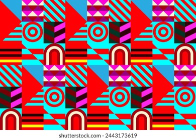 Retro futuristic vector pattern with geometric shapes. Simple form and a figure. Colorful Bauhaus background. Vintage graphics from 1980. 70s, 80s, 90s stile. Abstract design in the Scandinavian style