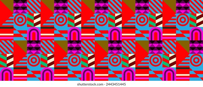 Retro futuristic vector pattern with geometric shapes. Simple form and a figure. Colorful Bauhaus background. Vintage graphics from 1980. 70s, 80s, 90s stile. Abstract design in the Scandinavian style