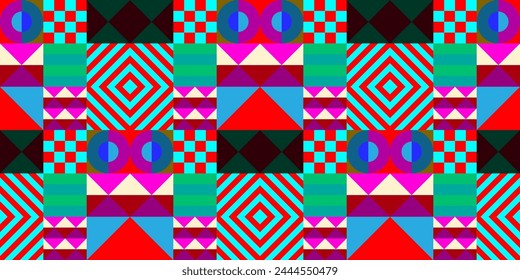 Retro futuristic vector pattern with geometric shapes. Simple form and a figure. Colorful Bauhaus background. Vintage graphics from 1980. 70s, 80s, 90s stile. Abstract design in the Scandinavian style