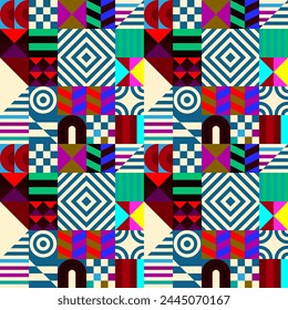 Retro futuristic vector pattern with geometric shapes. Simple form and a figure. Colorful Bauhaus background. Vintage graphics from 1980. 70s, 80s, 90s stile. Abstract design in the Scandinavian style