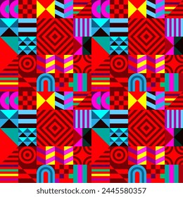 Retro futuristic vector pattern with geometric shapes. Simple form and a figure. Colorful Bauhaus background. Vintage graphics from 1980. 70s, 80s, 90s stile. Abstract design in the Scandinavian style