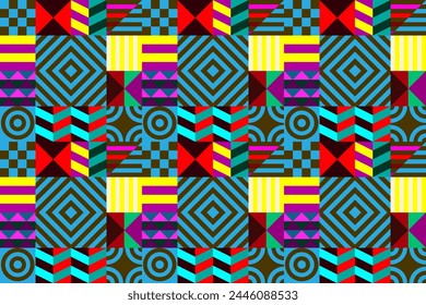 Retro futuristic vector pattern with geometric shapes. Simple form and a figure. Colorful Bauhaus background. Vintage graphics from 1980. 70s, 80s, 90s stile. Abstract design in the Scandinavian style