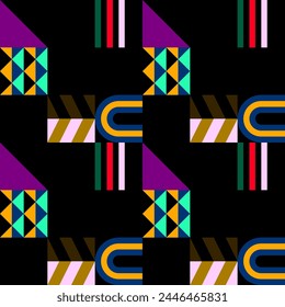 Retro futuristic vector pattern with geometric shapes. Simple form and a figure. Colorful Bauhaus background. Vintage graphics from 1980. 70s, 80s, 90s stile. Abstract design in the Scandinavian style