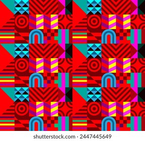 Retro futuristic vector pattern with geometric shapes. Simple form and a figure. Colorful Bauhaus background. Vintage graphics from 1980. 70s, 80s, 90s stile. Abstract design in the Scandinavian style