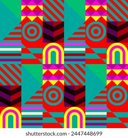 Retro futuristic vector pattern with geometric shapes. Simple form and a figure. Colorful Bauhaus background. Vintage graphics from 1980. 70s, 80s, 90s stile. Abstract design in the Scandinavian style