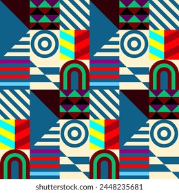 Retro futuristic vector pattern with geometric shapes. Simple form and a figure. Colorful Bauhaus background. Vintage graphics from 1980. 70s, 80s, 90s stile. Abstract design in the Scandinavian style