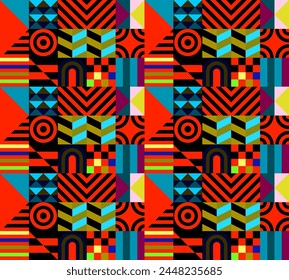 Retro futuristic vector pattern with geometric shapes. Simple form and a figure. Colorful Bauhaus background. Vintage graphics from 1980. 70s, 80s, 90s stile. Abstract design in the Scandinavian style