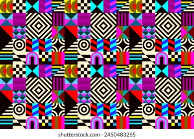 Patrón de Vector futurista retro con Formas geométricas. Forma simple y una figura. Colorido fondo Bauhaus. Gráficos de Antiguas de 1980. Estilo de los años 70, 80 y 90. Diseño Abstractas al estilo escandinavo