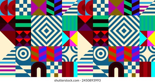 Retro futuristic vector pattern with geometric shapes. Simple form and a figure. Colorful Bauhaus background. Vintage graphics from 1980. 70s, 80s, 90s stile. Abstract design in the Scandinavian style