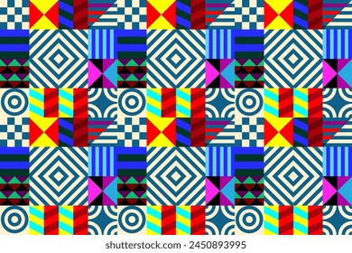 Patrón de Vector futurista retro con Formas geométricas. Forma simple y una figura. Colorido fondo Bauhaus. Gráficos de Antiguas de 1980. Estilo de los años 70, 80 y 90. Diseño Abstractas al estilo escandinavo