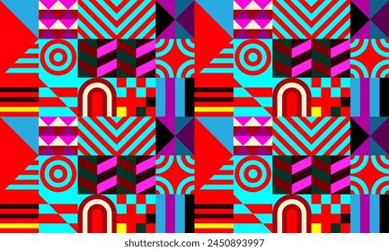 Retro futuristic vector pattern with geometric shapes. Simple form and a figure. Colorful Bauhaus background. Vintage graphics from 1980. 70s, 80s, 90s stile. Abstract design in the Scandinavian style