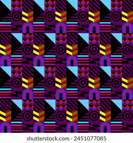 Retro futuristic vector pattern with geometric shapes. Simple form and a figure. Colorful Bauhaus background. Vintage graphics from 1980. 70s, 80s, 90s stile. Abstract design in the Scandinavian style
