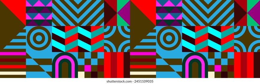 Retro futuristic vector pattern with geometric shapes. Simple form and a figure. Colorful Bauhaus background. Vintage graphics from 1980. 70s, 80s, 90s stile. Abstract design in the Scandinavian style