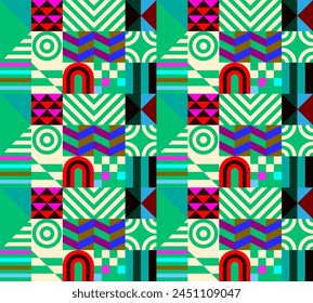 Retro futuristic vector pattern with geometric shapes. Simple form and a figure. Colorful Bauhaus background. Vintage graphics from 1980. 70s, 80s, 90s stile. Abstract design in the Scandinavian style