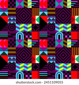 Retro futuristic vector pattern with geometric shapes. Simple form and a figure. Colorful Bauhaus background. Vintage graphics from 1980. 70s, 80s, 90s stile. Abstract design in the Scandinavian style