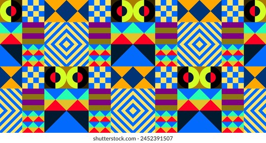 Retro futuristic vector pattern with geometric shapes. Simple form and a figure. Colorful Bauhaus background. Vintage graphics from 1980. 70s, 80s, 90s stile. Abstract design in the Scandinavian style