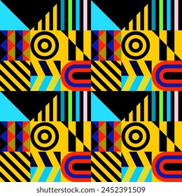 Retro futuristic vector pattern with geometric shapes. Simple form and a figure. Colorful Bauhaus background. Vintage graphics from 1980. 70s, 80s, 90s stile. Abstract design in the Scandinavian style