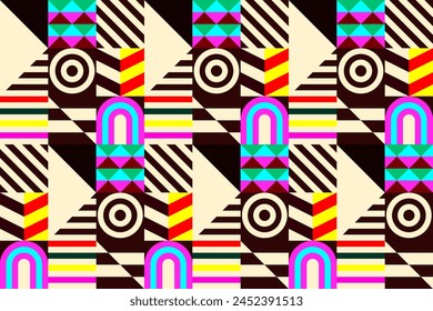 Retro futuristic vector pattern with geometric shapes. Simple form and a figure. Colorful Bauhaus background. Vintage graphics from 1980. 70s, 80s, 90s stile. Abstract design in the Scandinavian style