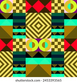 Retro futuristic vector pattern with geometric shapes. Simple form and a figure. Colorful Bauhaus background. Vintage graphics from 1980. 70s, 80s, 90s stile. Abstract design in the Scandinavian style