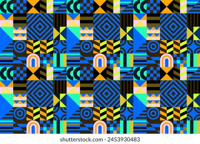 Retro futuristic vector pattern with geometric shapes. Simple form and a figure. Colorful Bauhaus background. Vintage graphics from 1980. 70s, 80s, 90s stile. Abstract design in the Scandinavian style