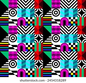 Retro futuristic vector pattern with geometric shapes. Simple form and a figure. Colorful Bauhaus background. Vintage graphics from 1980. 70s, 80s, 90s stile. Abstract design in the Scandinavian style