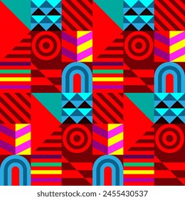 Retro futuristic vector pattern with geometric shapes. Simple form and a figure. Colorful Bauhaus background. Vintage graphics from 1980. 70s, 80s, 90s stile. Abstract design in the Scandinavian style